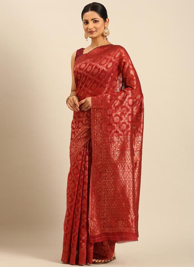 Cotton Red Traditional Wear Weaving Saree